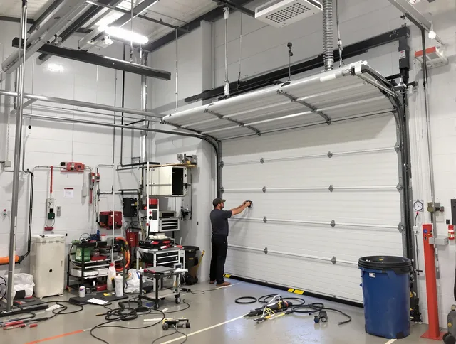Plainville Garage Door Repair certified technician performing commercial door repair at a Plainville business facility