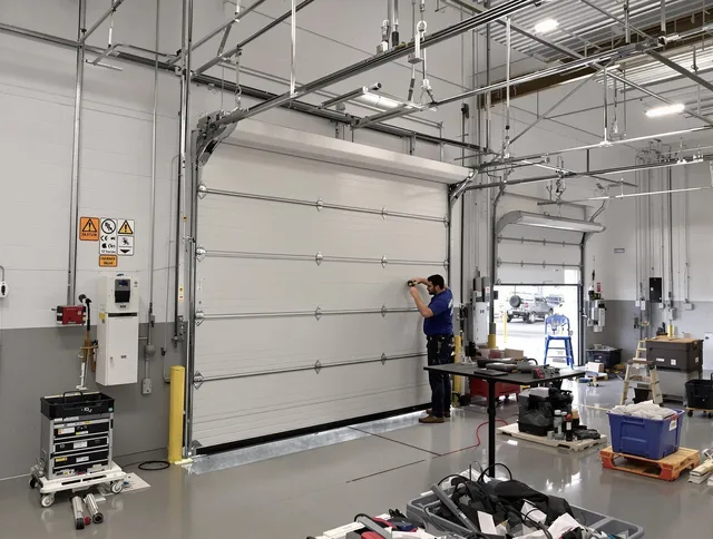 Commercial garage door repair being performed by Plainville Garage Door Repair expert in Plainville