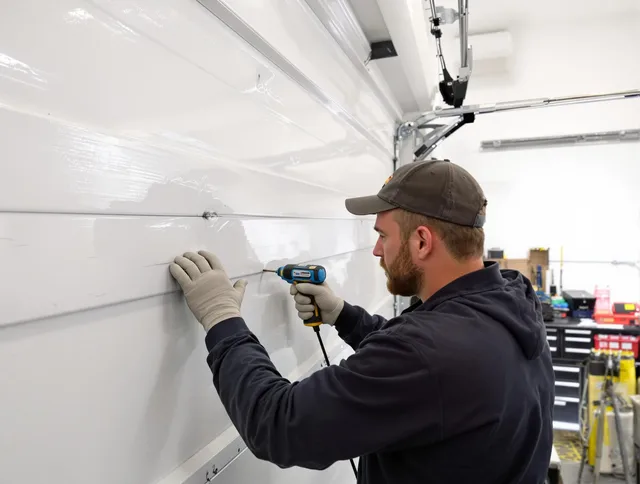 Plainville Garage Door Repair technician demonstrating precision dent removal techniques on a Plainville garage door
