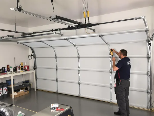 Plainville Garage Door Repair certified technician performing overhead door system repair in Plainville