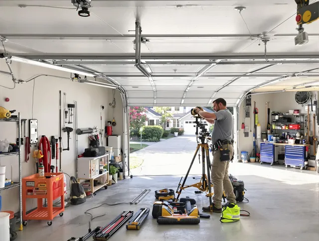 Plainville Garage Door Repair specialist performing laser-guided track alignment in Plainville